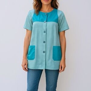 Vintage 50’s Gingham Smock Top In Aqua Marine Blue / White | Size M